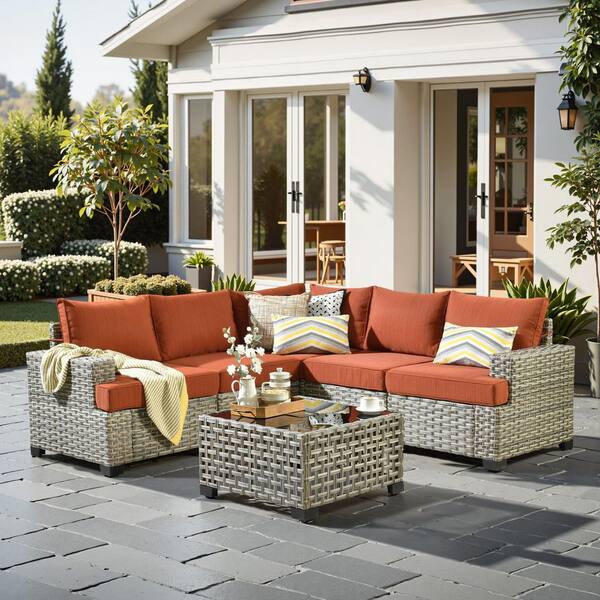 Silvae Gray 6-Piece PE Rattan Wicker Outdoor Sectional Set Patio Conversation Set with Orange Red Cushion and Table