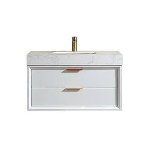 36 in. W x 21 in. D x 21 in. H Single Sink Bath Vanity in Marble with White Marble Countertop, 2 Drawers and LED Light