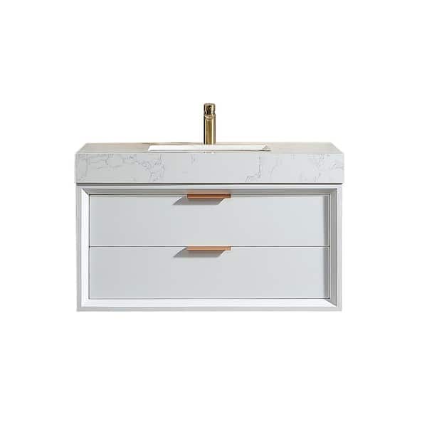Unbranded 36 in. W x 21 in. D x 21 in. H Single Sink Bath Vanity in Marble with White Marble Countertop, 2 Drawers and LED Light