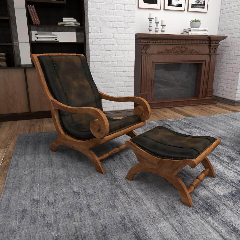 Traditional Dark Brown Leather Accent Chair and Ottoman Set