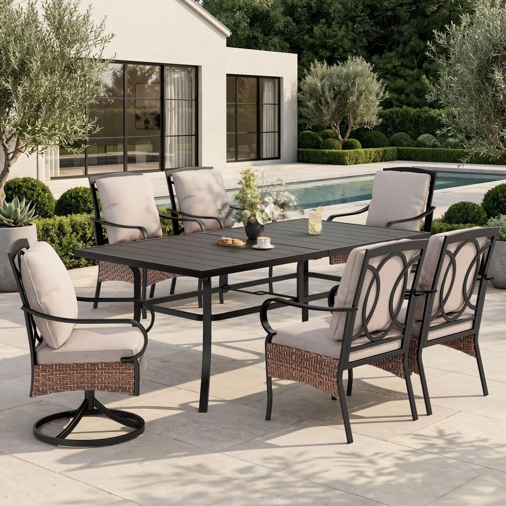 7-Piece Metal Patio Outdoor Dining Set with Rectangle Slat Table and chairs with Beige Cushions price history on PriceWatchPro