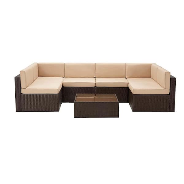 Sudzendf 7-Pieces Brown Wicker Outdoor Sofa Sectional Set with Khaki Cushions and Coffee Table
