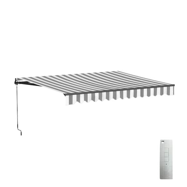 10 ft. Caribbean UV Polyester Motorized Retractable Patio Awning 8 ft. Projection in Gray and White Stripe Black Frame