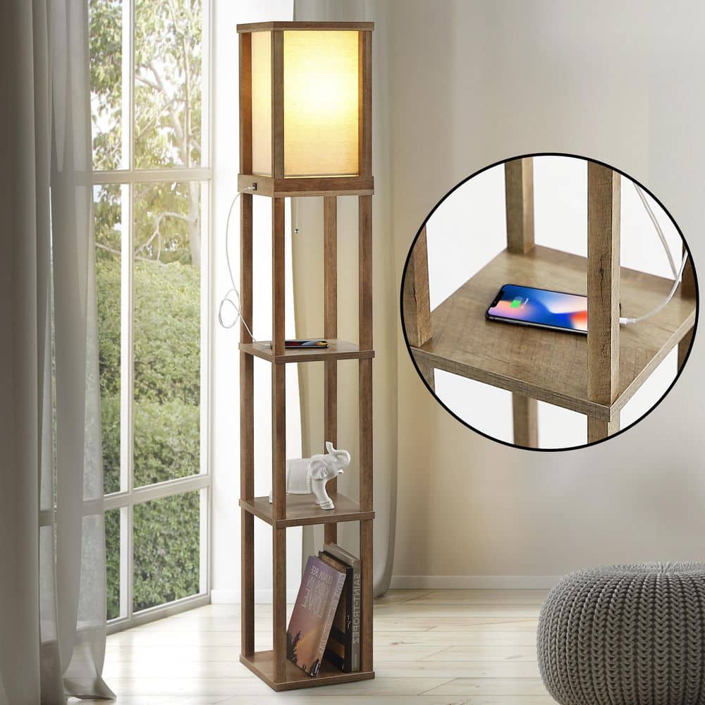 63.5" Beige Wooden 3-Shelf Floor Lamp with USB Port