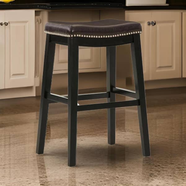 Benjara 25.75 in. Brown and Black Backless Wood Frame Bar Stool with Faux Leather Seat (Set of 2)