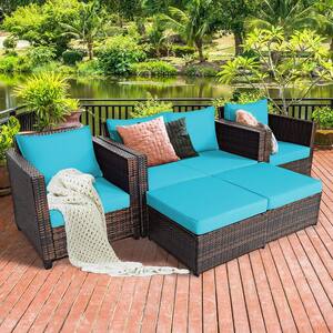 Brown 5-Piece Plastic Wicker Metal Outdoor Chaise Lounge with Turquoise Cushions