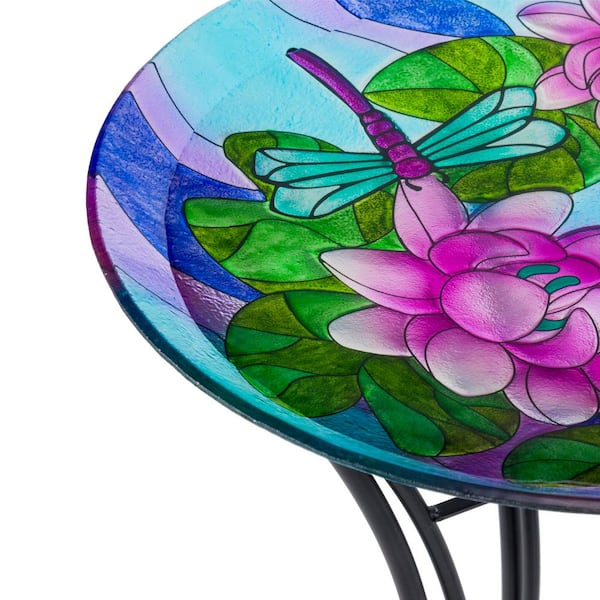 18 in. Tall Glass Birdbath Topper with Purple Dragonfly Painted Finish