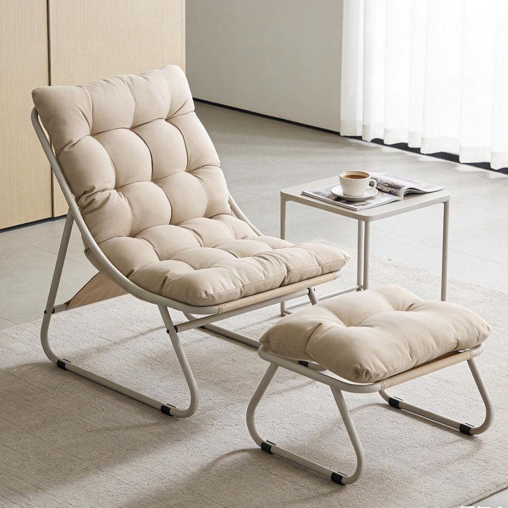 Modern Beige Microfiber Puffy Cushion Recliner with Footstool