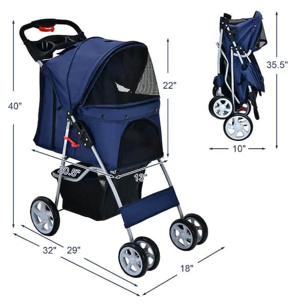 WELLFOR Foldable Pet Carrier 4-Wheel Pet Stroller in Navy with Adjustable Canopy and Storage Basket, Blue