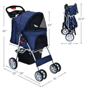 Foldable Pet Carrier 4-Wheel Pet Stroller in Navy with Adjustable Canopy and Storage Basket