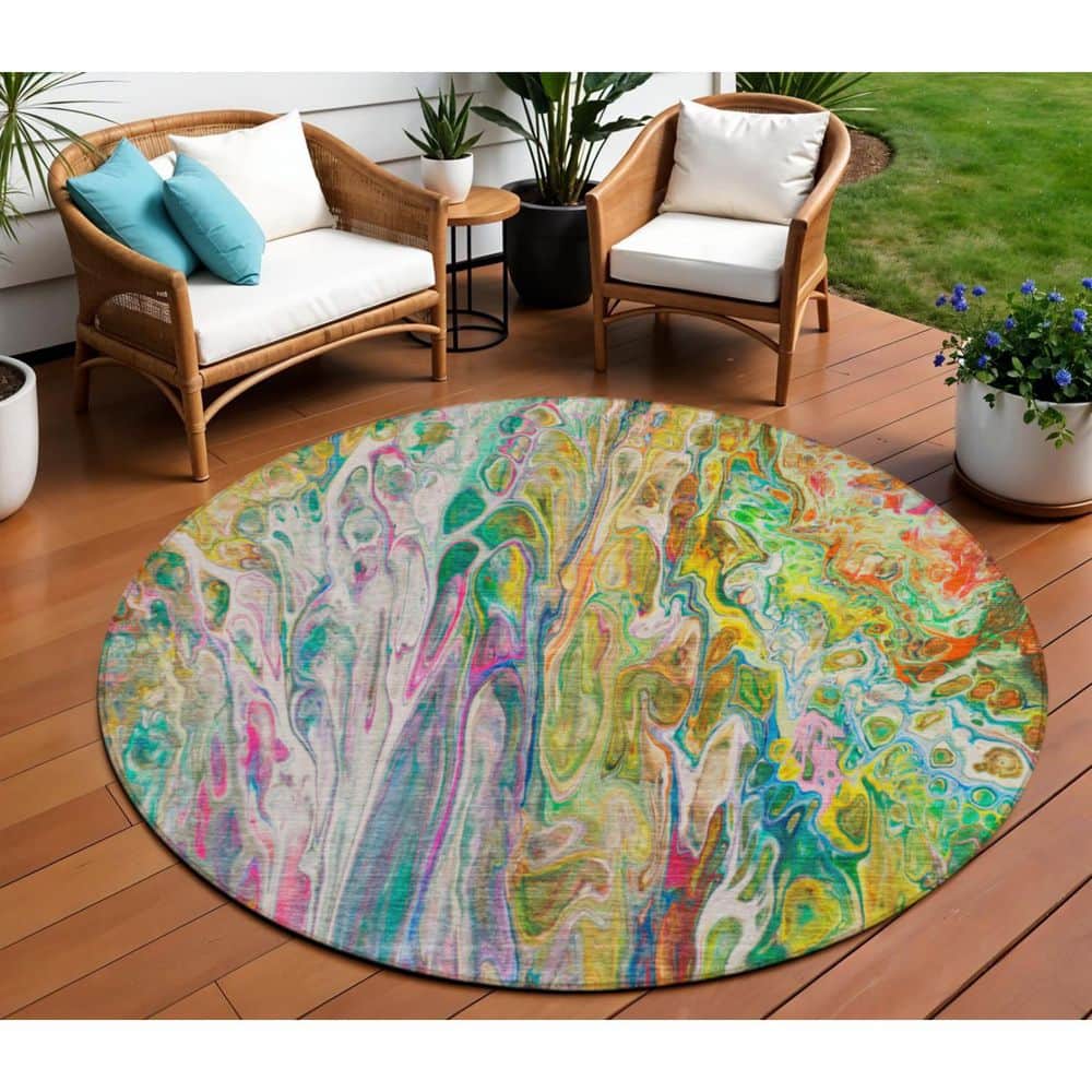 Green, Gold, White 8 ft. Round Woven Abstract Polyester Round Indoor/Outdoor Area Rug price history on PriceWatchPro