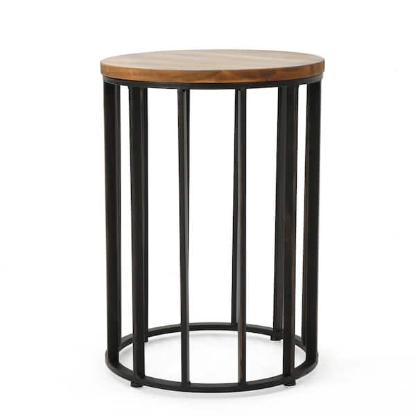 Unbranded 15.25 in. W x 21.7 in. H Modern Outdoor Round Side Table, Solid Wood Top and Metal Frame, Brown