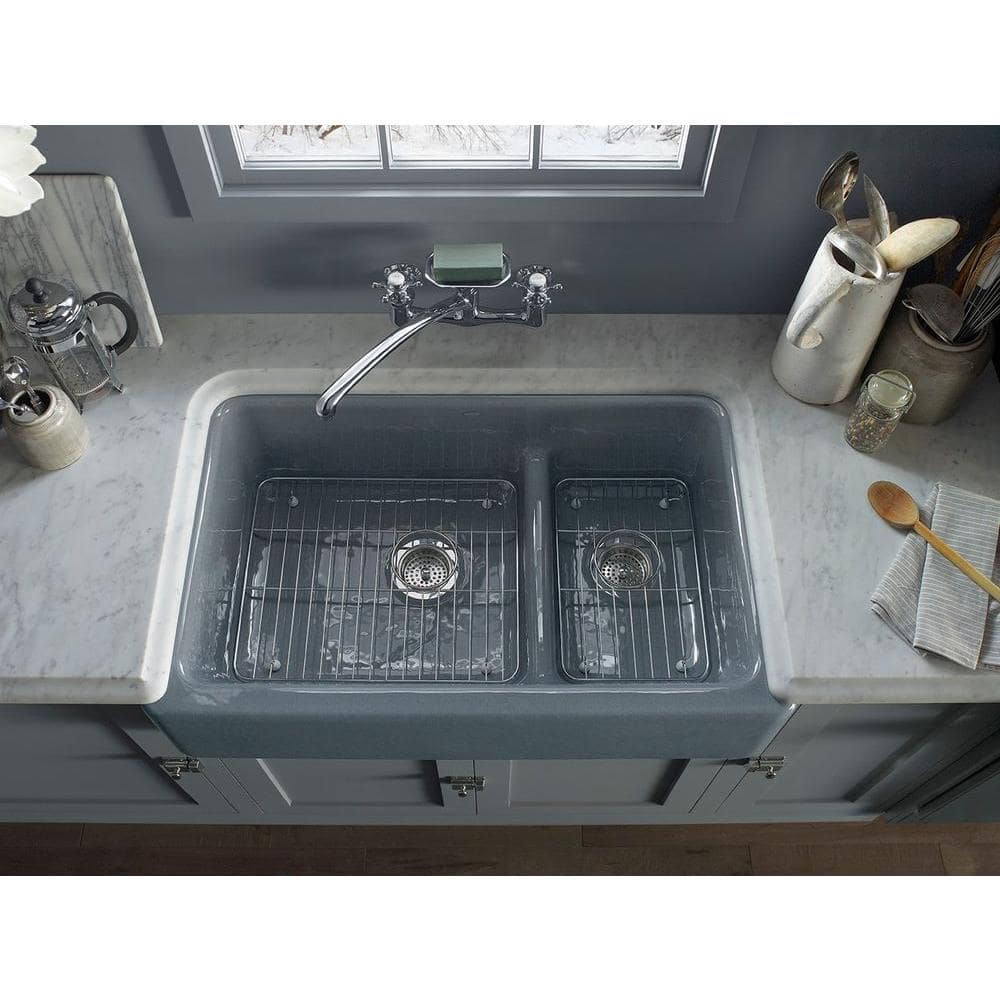 White 36" Cast Iron Double Basin Farmhouse Sink