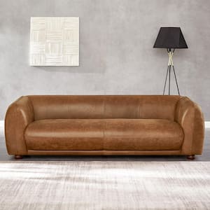 Maylo 87 in. W Round Arm Mid Century Modern Luxury Rectangle Italian Leather Couch in Brown