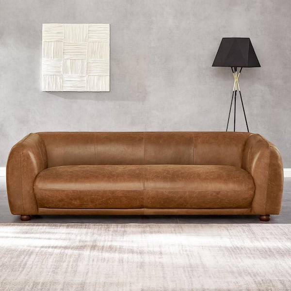 Ashcroft Furniture Co Maylo 87 in. W Round Arm Mid Century Modern Luxury Rectangle Italian Leather Couch in Brown