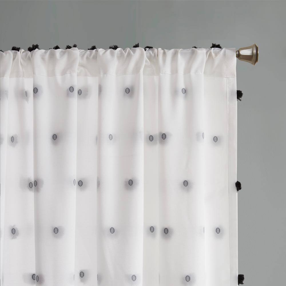 Black and White Faux Silk Pom Pom Sheer Curtain Panel
