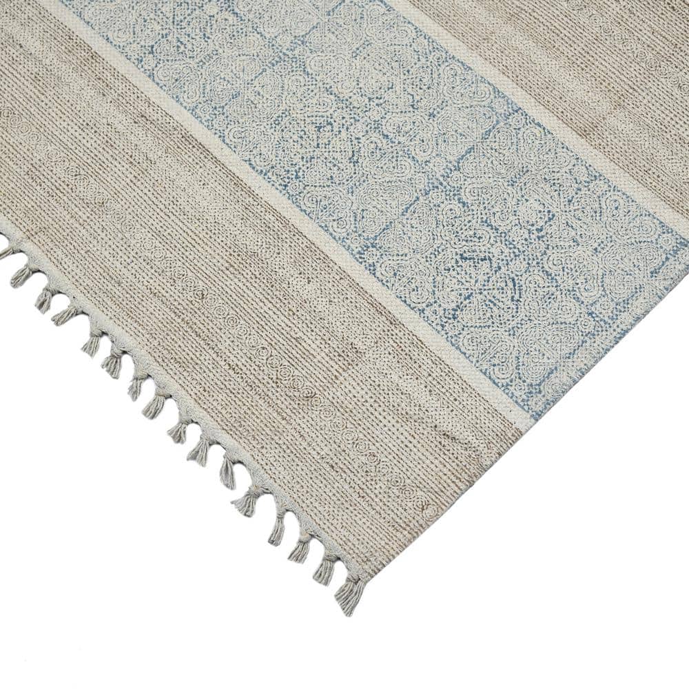 Blue Geometric Cotton Rectangular 5' x 7' Handmade Rug