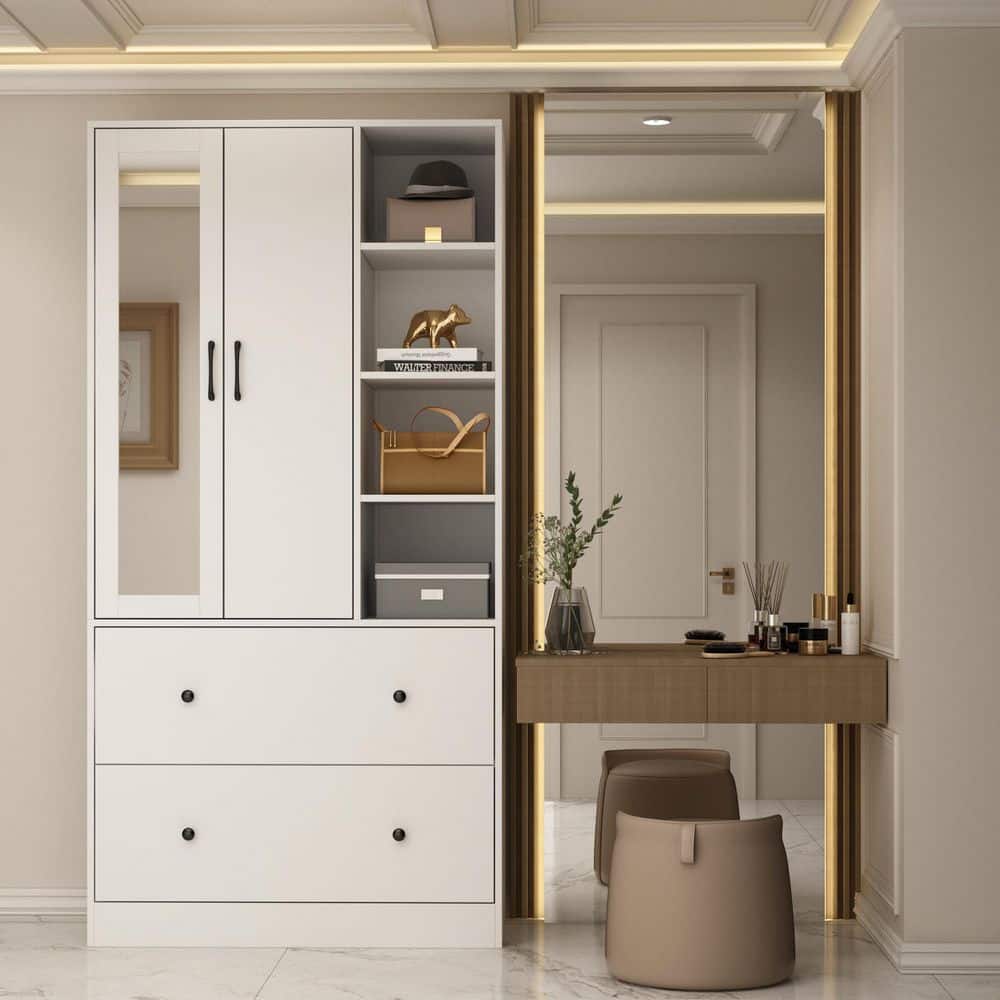 White Wood Armoires Wardrobe W/Mirror, Pulling Hanging Rod, Drawers and Shelves( 15.8 in. D x 35.5 in. W x 70.8 in. H) - thumbnail 4