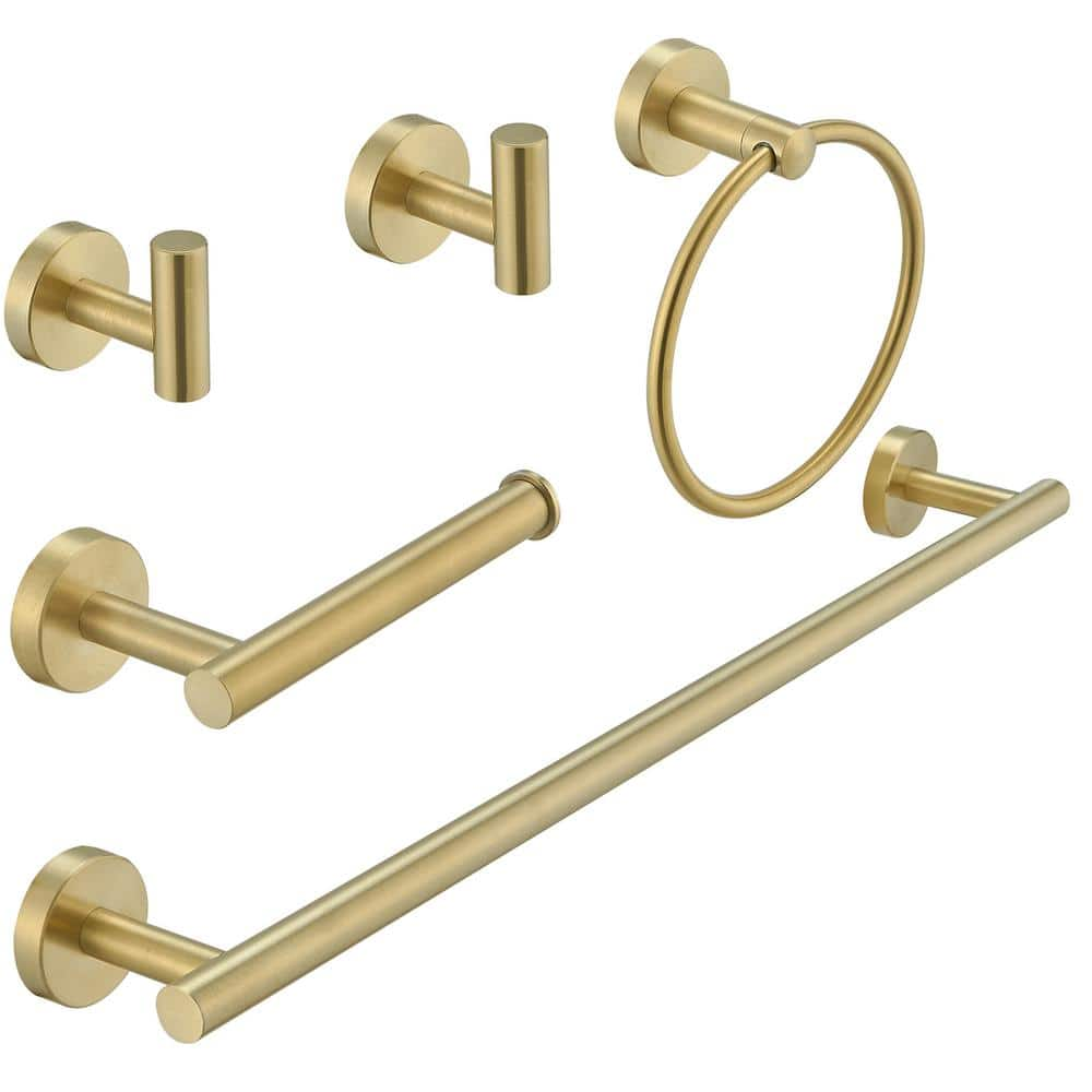 Bathroom Hardware 5-Piece Bath Hardware Set with Towel Bar, Towel Ring, Robe Hook, Toilet Paper Holder in Brushed Gold -  HOMEMYSTIQUE, NBHS015G