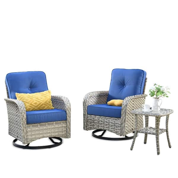 Beverly Gray 3-Piece Wicker Outdoor Patio Conversation Swivel Rocking Chair Seating Set with Navy Blue Cushions