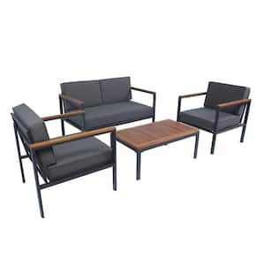 Simplistic 4-Piece Metal Outdoor Sectional Set Conversation Set with Coffee Table and Dark Gray Cushions