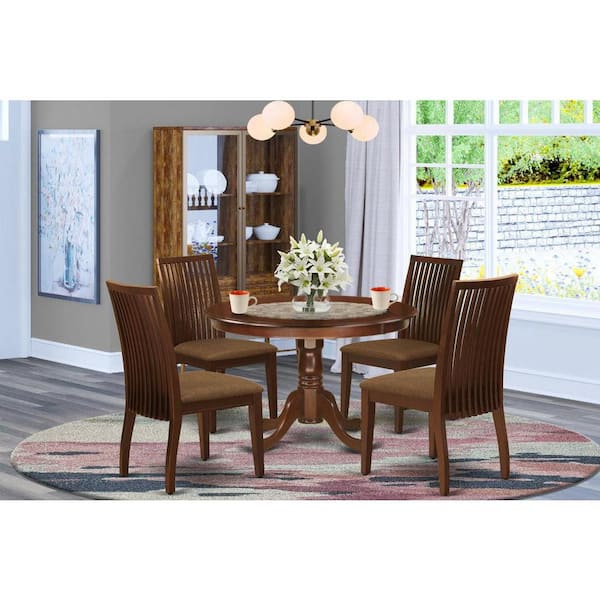 5-Piece Round Mahogany Finish Solid Wood Top Dining table with 4 Chairs with Lattice Back