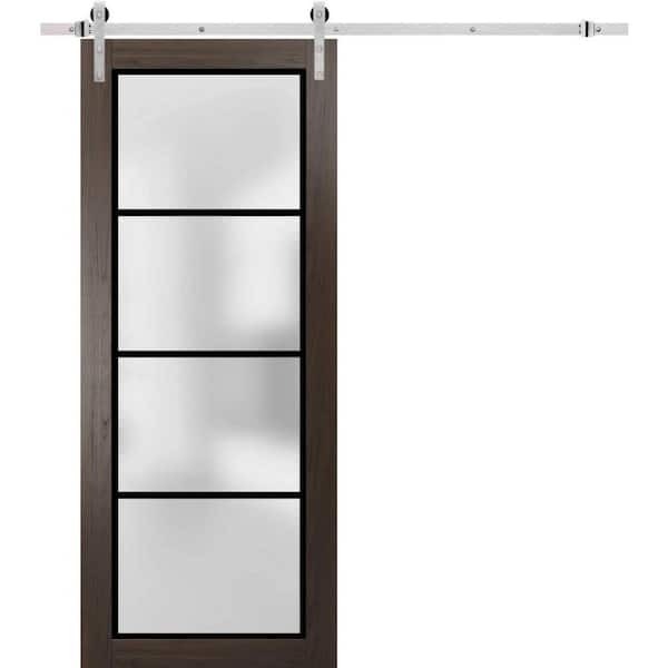 Sartodoors 28 in. x 80 in. 1 Panel Frosted Glass Chocolate Ash Solid Wood Sliding Barn Door with Hardware Kit