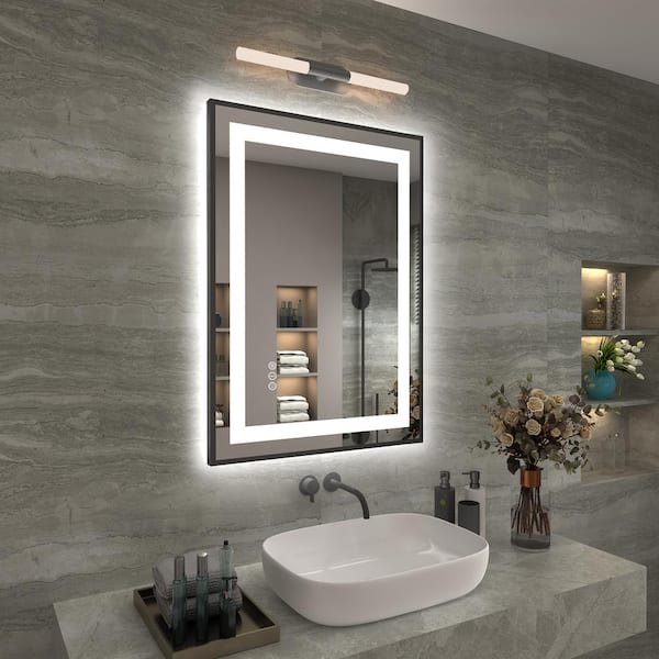 Apmir 20 in. W x 28 in. H Rectangular Framed Front and Back LED Lighted Anti-Fog Wall Bathroom Vanity Mirror in Tempered Glass