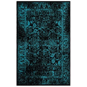 ADirondack Black/Teal Doormat 3 ft. x 5 ft. Border Distressed Area Rug