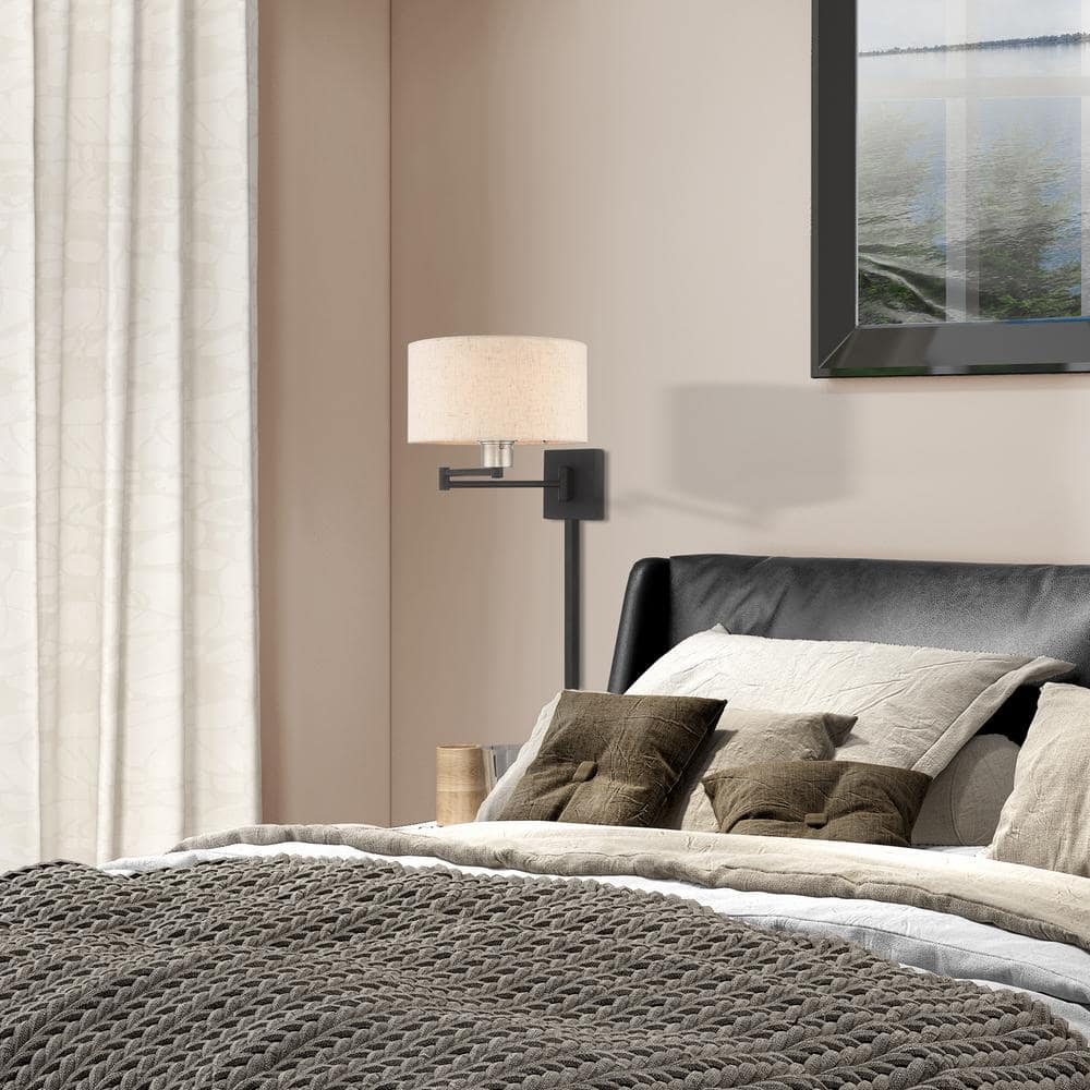 Black Steel Swing Arm Wall Lamp with Oatmeal Fabric Shade