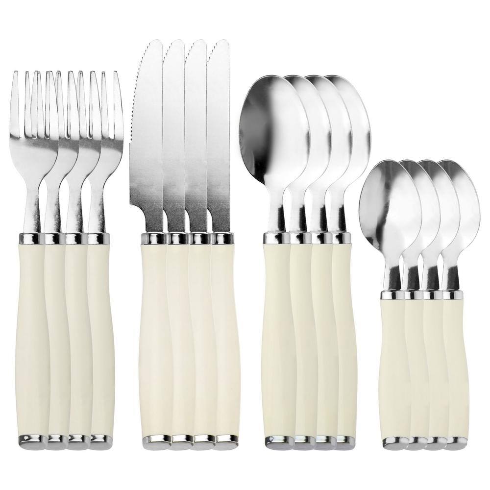 Gibson 16-Piece Stainless Steel Flatware Set with White Handles and Wire Caddy