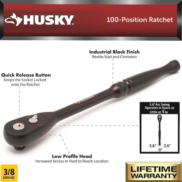 Husky 3/8 in Drive 100-Position LowProfile Long Handle Ratchet Lifetime Warranty 