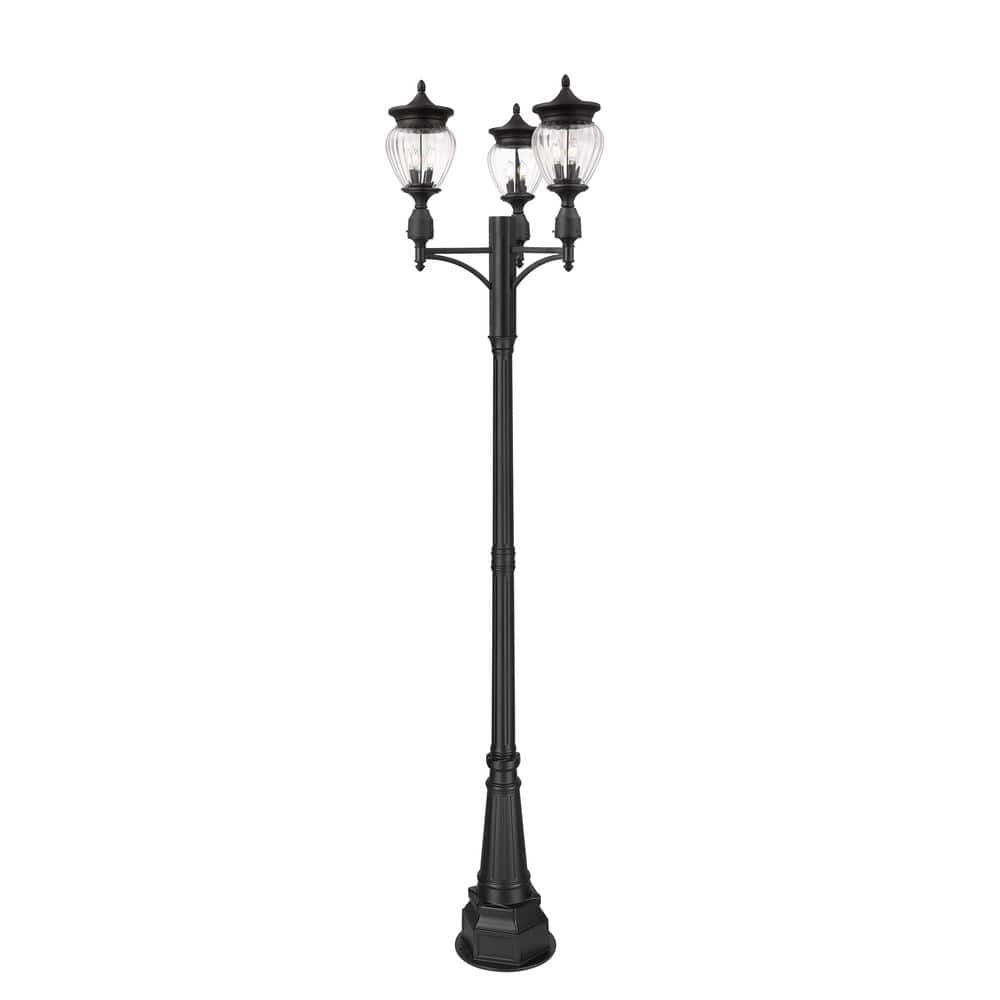 Textured Matte Black 3-Light Outdoor Post Lamp with Glass Shades