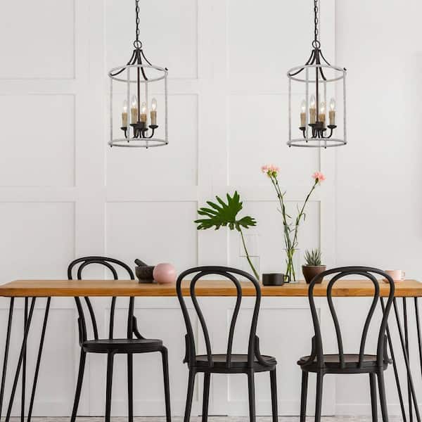 4-Light Rustic Slategray Drum Candlestick Chandelier with Aged Iron Accents Modern Farmhouse Living Room Pendant Light