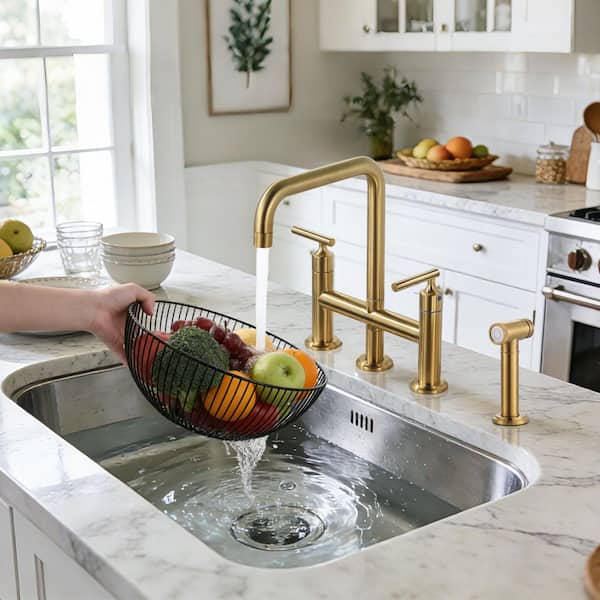Double Handle Brass Bridge Kitchen Faucet, Deck Mount Kitchen Sink Faucet with Side Sprayer in Brushed Gold
