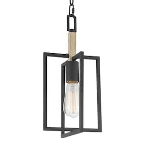 Sheffield 14.5 in. 60-Watt 1-Light Sandblasted Black with Bleached Oak Wood Style Open Lantern Design Pendant Light