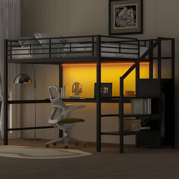 Black Full Size Metal Loft Bed with Desk, Storage Staircase, Wardrobe, LED Light With 7-Colors
