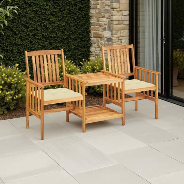 Lola Brown 3-Piece Acacia Wood Outdoor Chaise Lounge with Ivory Cushions