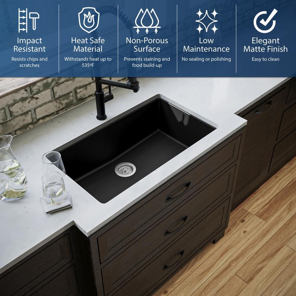Black Quartz Composite Large Single Bowl Undermount Kitchen Sink