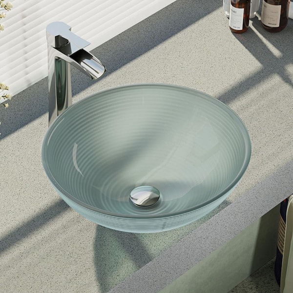 Rene Glass Vessel Sink in Sparkling Silver with R9-7007 Faucet and Pop-Up Drain in Chrome