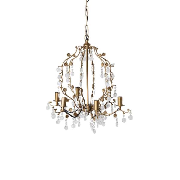 6-Lights Antique Brass Flowers and Glass Crystals Round Chandelier