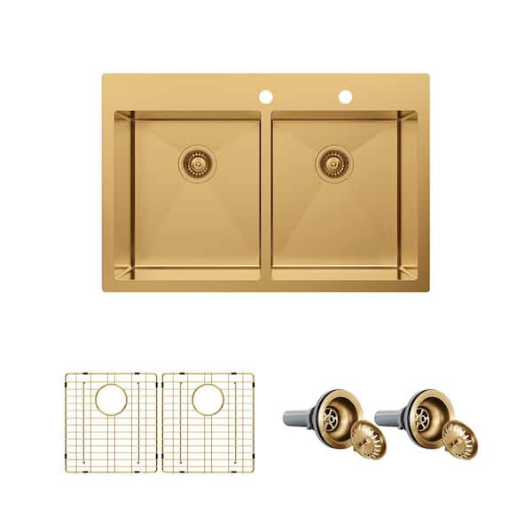 33 in. Drop-In Double Bowl 18-Gauge Gold Stainless Steel Kitchen Sink with Accessories
