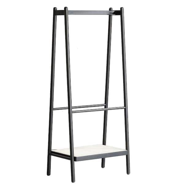 Teresa Black Wood Clothes Rack 27.56 in. W x 64.96 in. H with Rattan Shelves