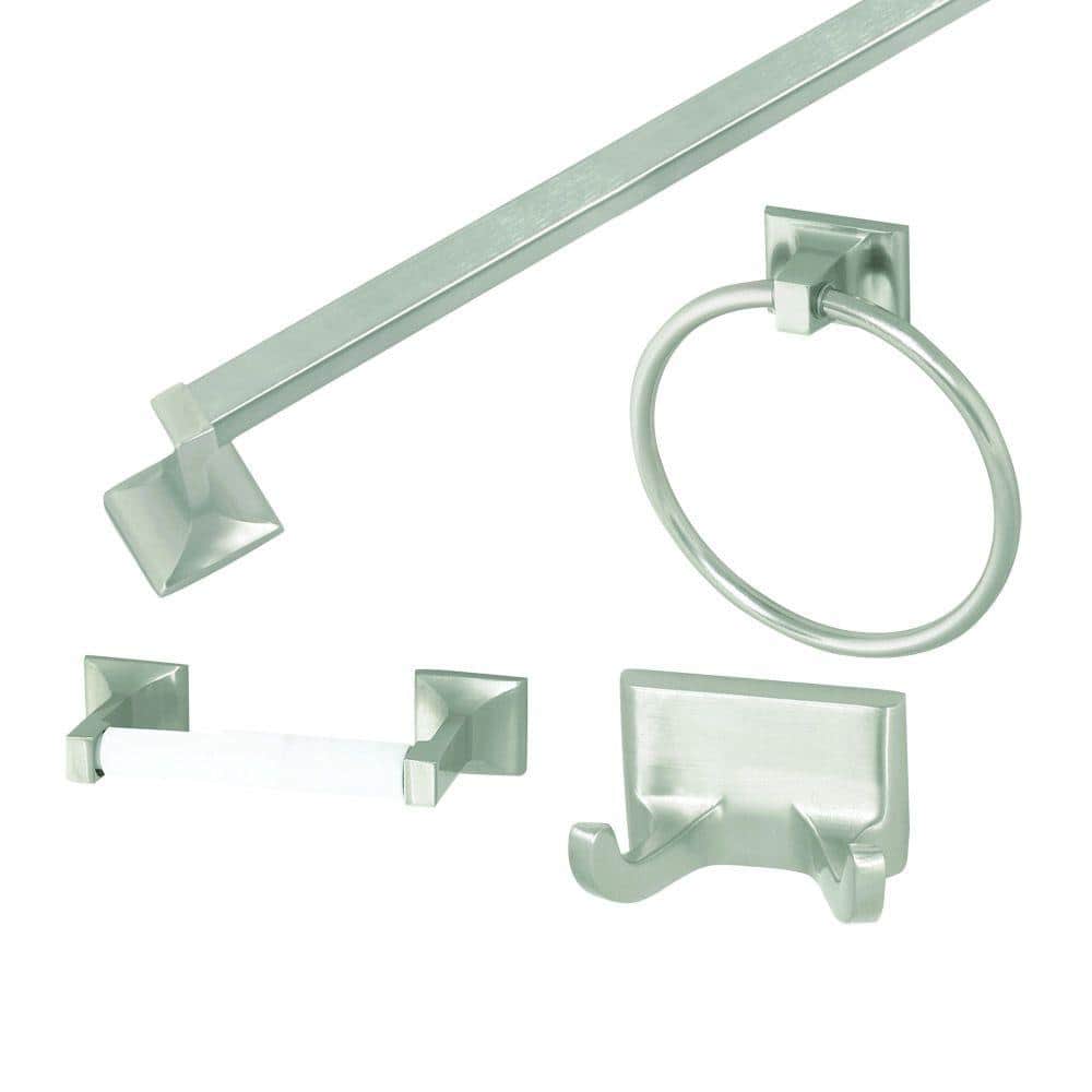 Satin Nickel 4-Piece Bathroom Accessory Kit with Towel Bar