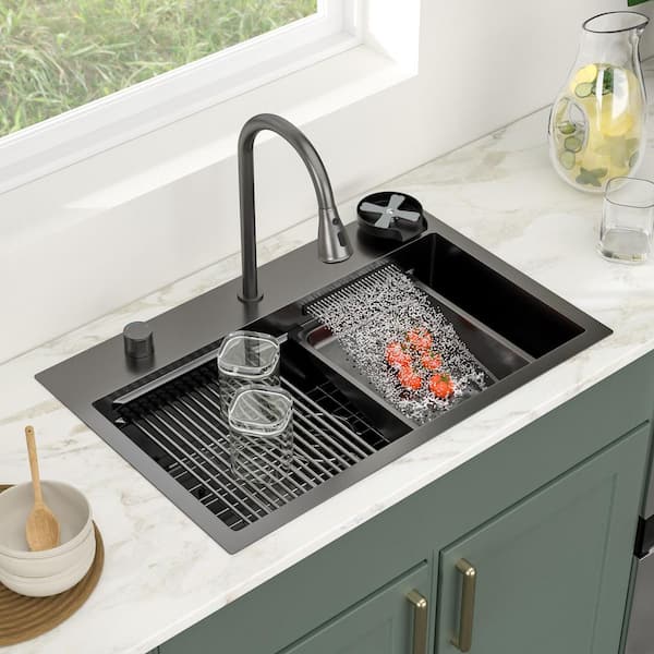31 in. Drop-in Single Bowl 16-Gauge Gunmetal Black Stainless Steel Workstation Kitchen Sink with Waterfall Faucet