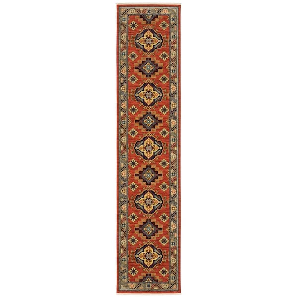 Lillian Red/Multi-Colored 2 ft. x 12 ft. Triple Oriental Medallion Wool/Nylon Blend Fringed-Edge Indoor Runner Area Rug