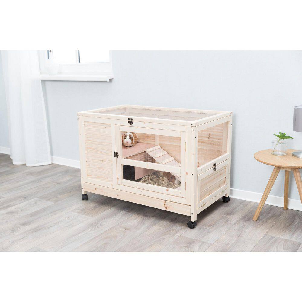 Natural Wood Indoor Hutch for Small Pets with Lockable Wheels