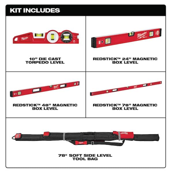 Milwaukee REDSTICK Magnetic Box Level Set with Torpedo Level and M12 125 ft. Cross and Point Laser Level Kit (6-Piece)