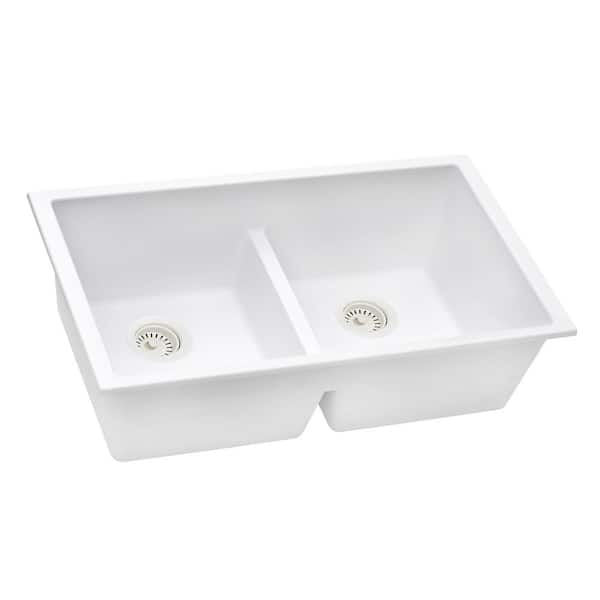 Ruvati epiGranite 33 in. Undermount Double Bowl Kitchen Sink in Arctic White Granite Composite with Low Divide