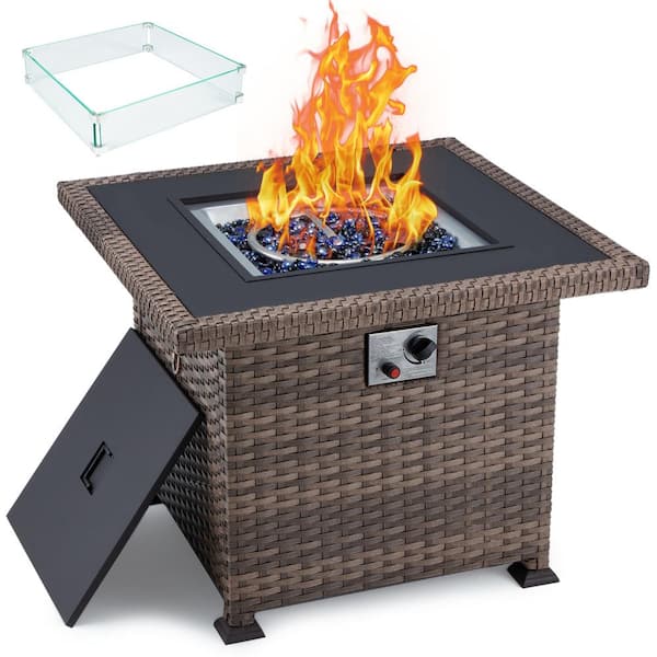 Sudzendf 32 INCH 50,000 BTU Light Brown Auto-Ignition Outdoor Fire Pit Table with Glass Wind Guard
